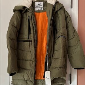 Orolay Olive Green Puffer Jacket with Orange Lining